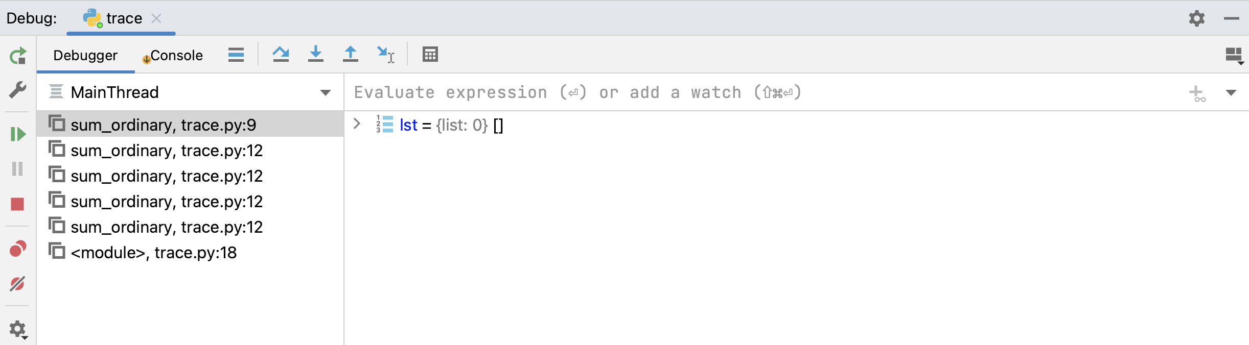 What the debugger shows when the call stack at its peak